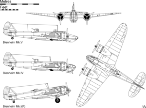 Orthographic projection of the Blenheim Mk I(F), with profiles showing the Mk IV and Mk V variants