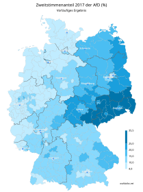 AfD ﻿ 4,9 – 10 % ﻿ > 10 – 15 % ﻿ > 15 – 20 % ﻿ > 20 – 25 % ﻿ > 25 – 35,5 %