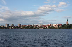 View of Ełk across lake