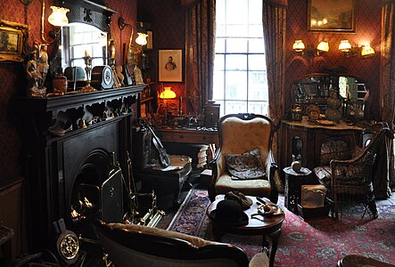 Victorian style "sitting room" with a fireplace in the Sherlock Holmes Museum, London