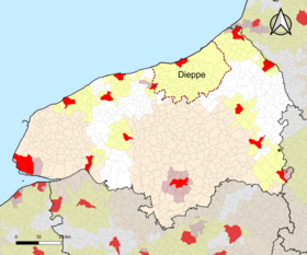 Localisation de l'aire d'attraction de Dieppe dans le département de la Seine-Maritime.