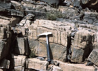 Cycles émersifs de comblement et de régression (allocycles astronomiques ?), et lacunes. En jaune : laminations algaires dolomitisées. Lias de la plate-forme carbonatée du Musandam, Oman.