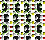 Struktur av pyroxen sedd längs kiseldioxidkedjorna. "I-balkar" är markerade i grönt. Kiseljoner är överdimensionerade för att framhäva kiselkedjorna.