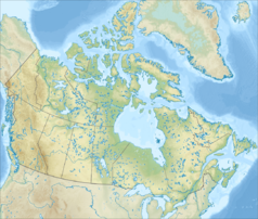 Mapa konturowa Kanady, na dole po lewej znajduje się czarny trójkącik z opisem „Lake Louise”