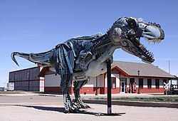 A sculpture of Sue stands on U.S. Route 212 in Faith, across from the Prairie Oasis Hotel, April 2010