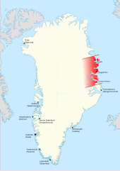 Carte du Groenland mettant en évidence une partie importante du littoral oriental de l'île, sans limites définies vers l'intérieur