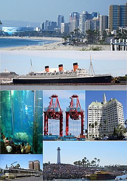 تصاویر از بالا، چپ به راست: Long Beach skyline from Bluff Park, RMS Queen Mary, Aquarium of the Pacific Blue Cavern exhibit, Hanjin Terminal at Port of Long Beach, Villa Riviera, Metro Blue Line, Long Beach Lighthouse