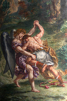 Jacob, torse, pieds et jambes nus (sauf les chevillères), est vêtu d'un pagne, la main droite prenant en hauteur la main gauche de l'ange (comme s'il dansait avec lui). Il a glissé la main gauche sous l'avant-bras droit de l'ange et lui tient le dos. L'ange, avec ses ailes, une figure féminine mais tout un corps masculin, habillé d'une robe mauve flottante, qui lui arrive à mi-jambes, saisit la jambe gauche de Jacob par-dessous la cuisse, l'élevant au-desus du sol. Jacob est renversé sur le corps de son adversaire. Le genoux de sa jambe gauche est appuyé sur la cuisse droite de l'être mystérieux, son visage penché vers sa poitrine et la tête à quelques centimètres de dessous le visage aux traits fins de l'ange. Celui-ci avance la jambe droite, la plante du pied fermement posée sur le sol et l'autre jambe en arrière, le pied s'agrippant au sol par les orteils.L'arrière-plan est celui d'une forêt dans la nuit.