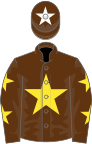 Brown, yellow star and stars on sleeves, brown cap, white star