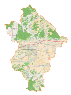 Mapa konturowa powiatu łańcuckiego, w centrum znajduje się punkt z opisem „Synagoga w Łańcucie”