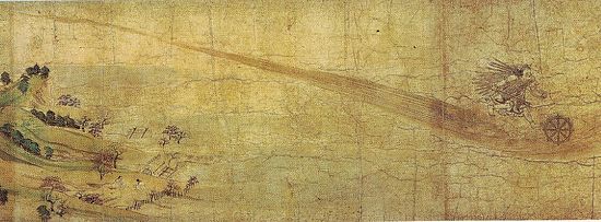 Painting. A Buddhist deity travels through the air, preceded by a wheel, and leaving a long trail behind him. Below, a farm, two peasants, hills.