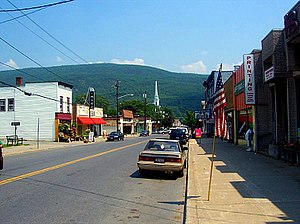 Downtown Ellenville, looking east along Canal Street (NY 52) toward the Shawangunk Ridge