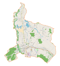 Mapa konturowa gminy Kęty, u góry nieco na lewo znajduje się punkt z opisem „Parafia Świętego Macieja Apostoła”