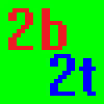 The first logo with a red "2b" on one line and a blue "2t" below it. The characters are in a pixel font against a lime green backdrop.