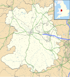 Mapa konturowa Shropshire, w centrum znajduje się punkt z opisem „Shrewsbury”