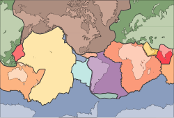 Shows the extent and boundaries of tectonic plates, with superimposed outlines of the continents they support