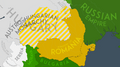 The Carpatho-Danubian-Pontic Space on 17 August 1916 AD, highlighting in yellow the Entente's territorial promises to Romania, in accordance with the Treaty of Bucharest.