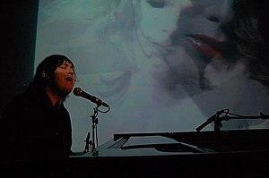 Antony Hegarty in 2008, at a grand piano singing into a microphone, in a black suit with his hair lank, against a projected-visual backdrop.