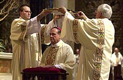 Photograph of bishop in white robes being ordained.