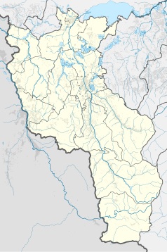 Mapa konturowa powiatu cieszyńskiego, po lewej znajduje się punkt z opisem „Wzgórze Zamkowe w Cieszynie”