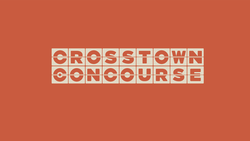 A stylized beige-on-orange all-caps typeface saying, one word atop the other, "CROSSTOWN CONCOURSE"