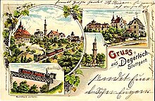 Old postcard with drawings of a steam locomotive and two carriages