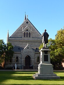 This is a photograph of the Elder Hall, a venue for concerts and events with a statue of early benefactor Thomas Elder in front.