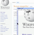 Rendering di una pagina Wikipedia con il browser Firefox e ingrandimento del suo angolo in alto a sinistra con kmag.