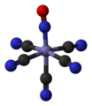 Nitroprusidový anion, [Fe(CN)5NO]2−, oktaedrický komplex obsahující lineární NO ligand