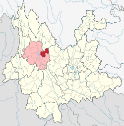 Location of Binchuan County (red) and Dali Prefecture (pink) within Yunnan province of China