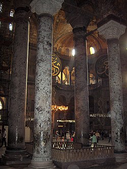 Four huge verd antique columns in the interior of Hagia Sophia