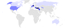      Limbă oficială: Turcia, Cipru, Macedonia (la nivel municipal), Kosovo (la nivel municipal)      Peste 1.000.000 de vorbitori: Germania      Între 500.000 și 1.000.000 de vorbitori: Bulgaria, Irak, Grecia      Între 100.000 și 500.000 de vorbitori: Franța, Olanda, Belgia, Austria, Statele Unite, Uzbekistan      Între 25.000 și 100.000 de vorbitori: Marea Britanie, Australia, Azerbaidjan, Canada, Rusia, Suedia, Danemarca, Elveția, România      Sub 25.000 de vorbitori/Niciun vorbitor