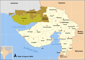 Mapa del estado de Guyarat mostrando el Gran Rann de Kutch y el Pequeño Rann de Kutch