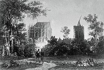 The unfinished cathedral in 1820, engraved by Henry Winkles. The huge crane on the tower of the cathedral is visible in the picture.