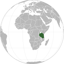 Location of Tanzania (dark green) in eastern Africa