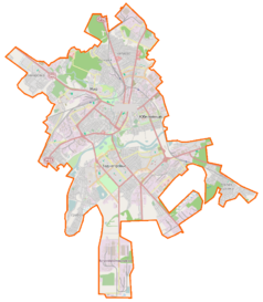 Mapa konturowa Mohylewa, w centrum znajduje się punkt z opisem „Muzeum Witolda Biełynickiego-Biruli”