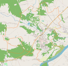 Mapa konturowa Połańca, po lewej nieco u góry znajduje się punkt z opisem „miejsce zbrodni”