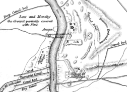 Map showing the terrain at the site of Babylon as it was in 1829. Various mounds, outcrops and canals are shown, with the river Tigris running through the middle. At the centre of the map is a mound marked "E", where the Cyrus Cylinder was discovered in March 1879.