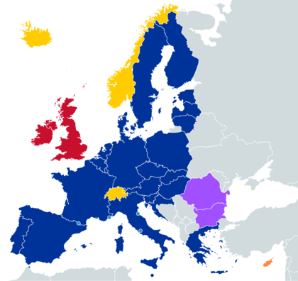 labelled map of Europe showing Schengen Area