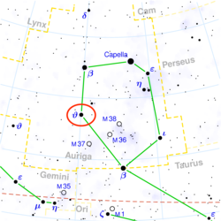 Theta Aurigae i Kusken inringad av en röd cirkel