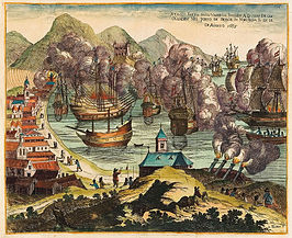 Slag in de baai van Bergen door Arnold Bloem (1670).