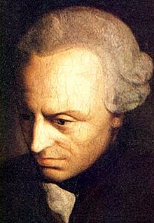 Le visage de Kant, saisi de profil, légèrement penché vers l'avant, haut et large front, yeux plongés dans la pensée et lèvres en forme de moue accompagnant cette méditation. Tout le côté droit du visage est éclairé, du menton à la perruque, l'autre se laisse deviner quoique émergeant à peine de l'obscurité envahissant tout le reste du tableau sauf un morceau de col au-dessous du menton.