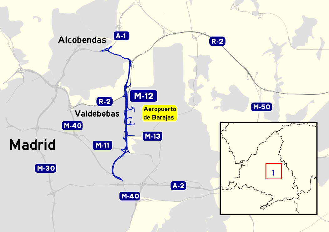 De ligging van de M-12 ten noordoosten van Madrid.