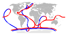 A map of the planet shows the direction of thermohaline circulation in red and blue.