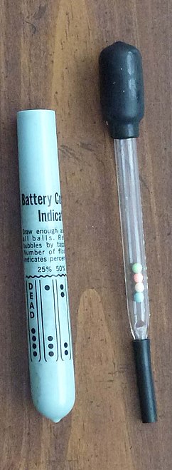 Battery condition indicator to measure electrolyte density in a lead–acid battery, indicating its state of charge (~1985)