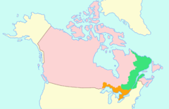 Karta över Canada East (grönt) och Canada West (orange) som tillsammans utgjorde provinsen Kanada, med övriga delar av dagens Kanada markerat i skärt.