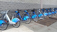 Citi Bikes in Sunset Park, Brooklyn. The gray bicycles are e-bikes.