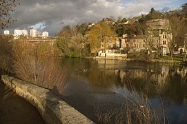 Le Clain au sud du pont de la Pénétrante avec vue sur les immeubles des Couronneries plus au nord.