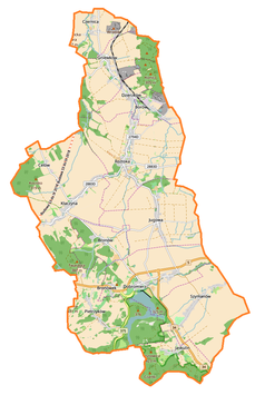 Mapa konturowa gminy Dobromierz, na dole nieco na prawo znajduje się punkt z opisem „Jaskulin”