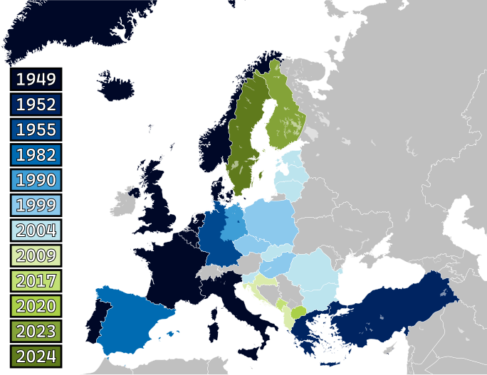 A map of Europe with twelve colors that refer to the year different countries joined the alliance.